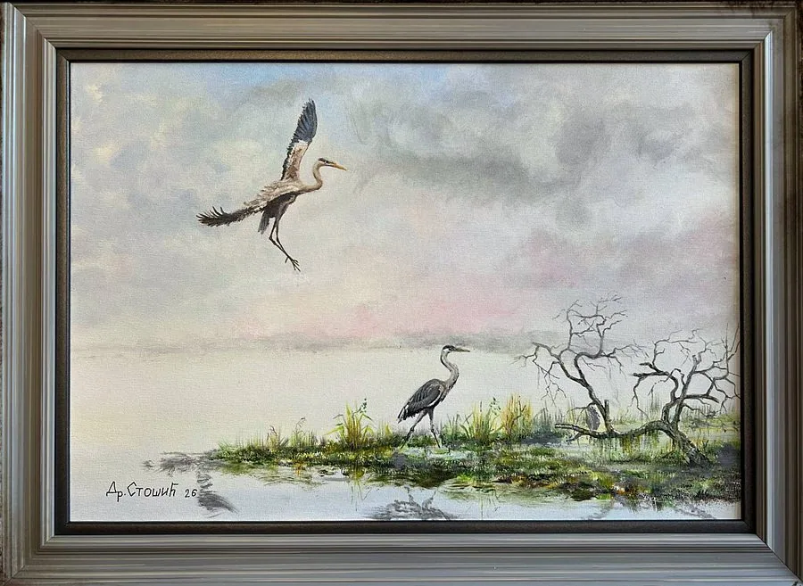 Чапље — оригинална слика, акрил на платну, 60 × 40 цм, Драган Стошић